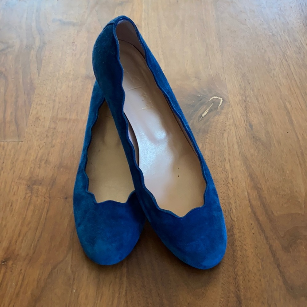 Fslny Blue Scalloped Suede Wedge Heals